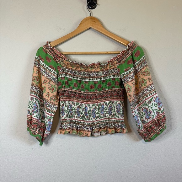 Zara Linen Floral Print Vintage Balloon Sleeve Peasant Blouse Cropped Top Sz SM - Picture 6 of 8